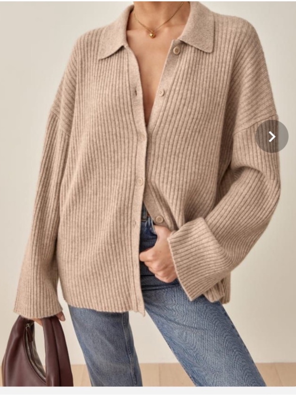 Reformation Taupe Ribbed Button-Front Cardigan cashmere